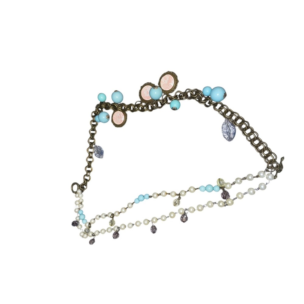 Vintage-Inspired Beaded Cameo Necklace – Blue & Pearl‎ Mix